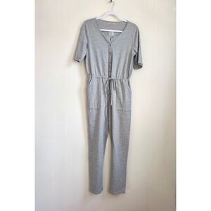 Polagram Gray Button Front Jumpsuit M Cotton Short Sleeve Loungewear Cozycore